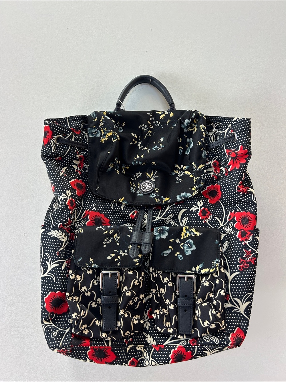 Tory Burch Black Floral Drawstring Backpack with Red and Cream Blooms